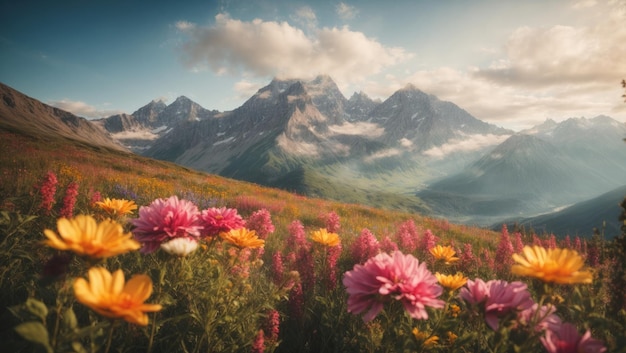 Bergzicht met voorgrondbloemen