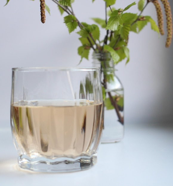 Berkensap in een glas met een takje bloeiende berken