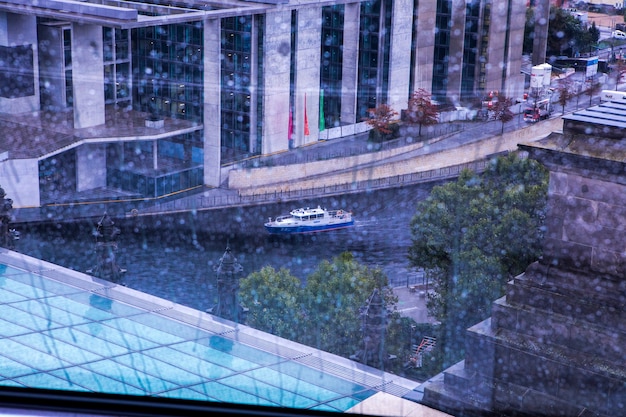 Berlin, Germany, the city view on a rainy day outside the Reichstag window