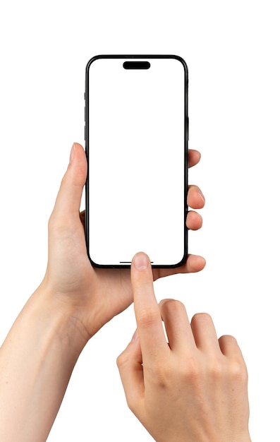 Берлин, Германия, 15 июля 2023 года, макет Iphone 14 pro max щелкает пальцем по экрану телефона на белом фоне
