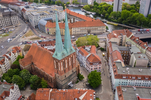 Berlin, Germany, May 2019 - Aerial view Nikolaikirche in Berlin