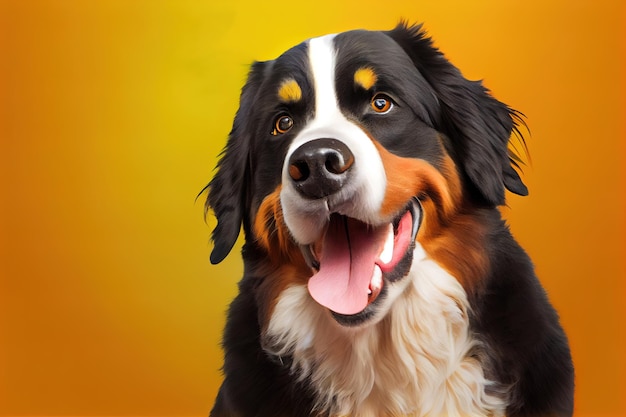 Bernease mountain breed dog sitting on a yellow background