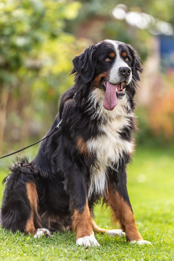 Foto berner berghond zit zoals geïnstrueerd door zijn meester in het park.