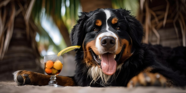 Berner Sennenhond hond is op zomervakantie in badplaats en ontspannende rust op zomerstrand van Hawaï
