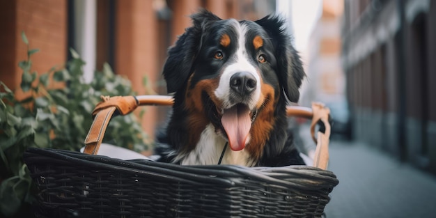 Bernese Mountain Dog dog have fun bicycle ride on sunshine day morning in summer on town street