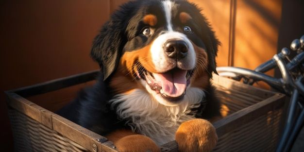 Bernese Mountain Dog 개는 여름이면 시내 거리에서 햇빛이 비치는 날 아침에 자전거를 타며 즐거운 시간을 보냅니다.