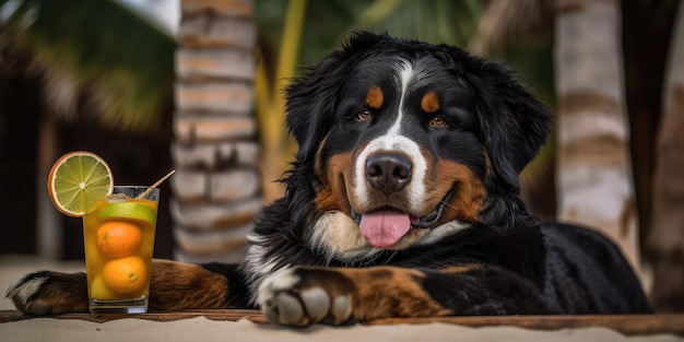 Bernese Mountain Dog dog is on summer vacation at seaside resort and relaxing rest on summer beach of Hawaii