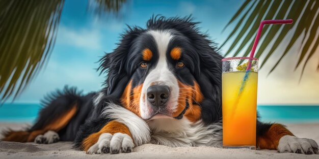 バーニーズ マウンテン ドッグ犬は、海辺のリゾートで夏休みを過ごし、ハワイの夏のビーチでリラックスした休息をとっています