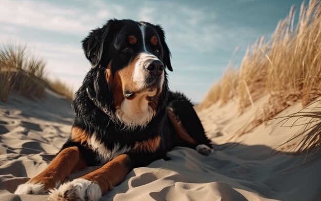 베르네즈 마운틴 도그 (Bernese Mountain Dog) 는 해변에 앉아 있습니다.