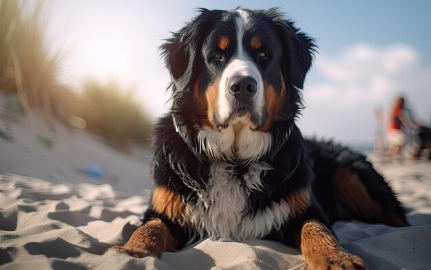 ベルン・マウンテン・ドッグ (Bernese Mountain Dog) はビーチに座ってプロフェッショナルな広告AIを生成しています