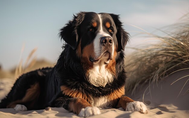 Bernese Mountain Dog is sitting on the beach professional advertising ai generated