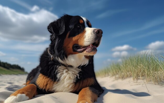 ベルン・マウンテン・ドッグ (Bernese Mountain Dog) はビーチに座ってプロフェッショナルな広告AIを生成しています