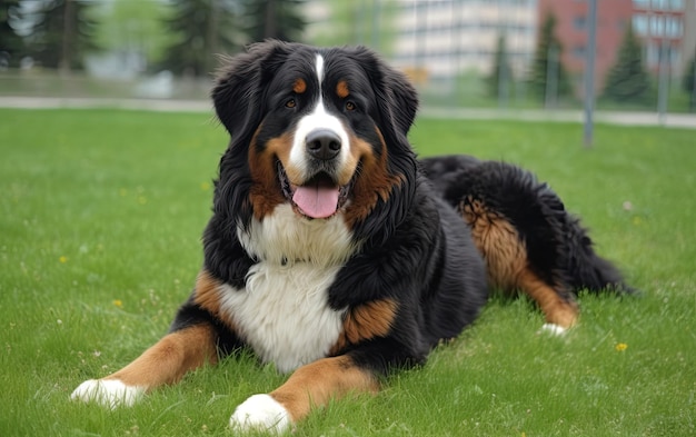 Bernese Mountain Dog is sitting on the grass in the park professional advertising ai generated