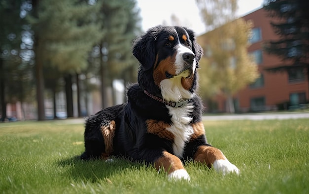Bernese Mountain Dog is sitting on the grass in the park professional advertising ai generated