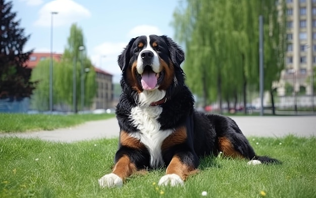 ベルヌス・マウンテン・ドッグは公園の草の上に座っています プロフェッショナルな広告AIが生成しています