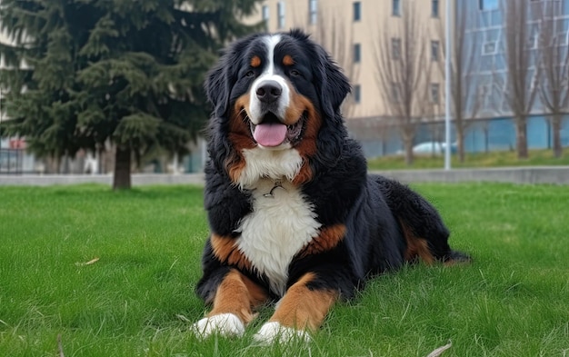 Bernese Mountain Dog is sitting on the grass in the park professional advertising ai generated