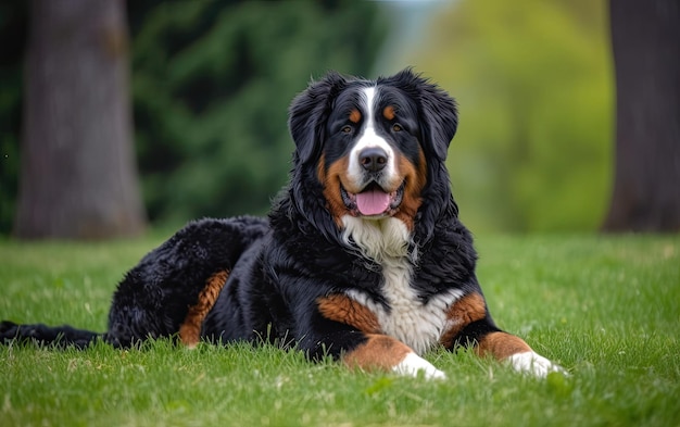 Photo bernese mountain dog is sitting on the grass in the park professional advertising ai generated