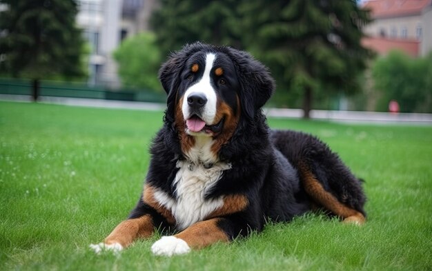 Bernese Mountain Dog is sitting on the grass in the park professional advertising ai generated