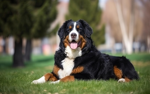 Bernese Mountain Dog is sitting on the grass in the park professional advertising ai generated