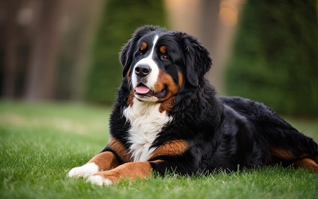 Foto bernese mountain dog è seduto sull'erba nel parco pubblicità professionale ai generato