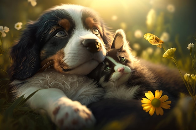 Bernese mountain dog and kitten laying in the grass Generative AI