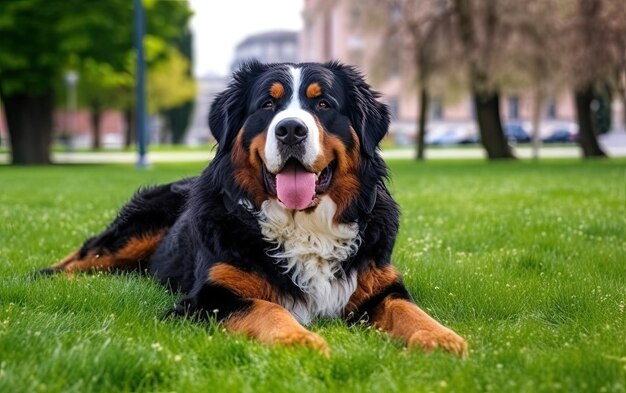 Bernese Mountain Dog zit op het gras in het park professionele reclame ai gegenereerd