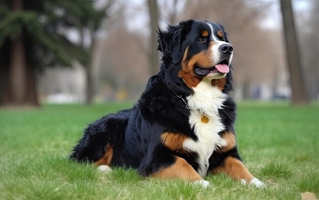 Bernese Mountain Dog zit op het gras in het park professionele reclame ai gegenereerd