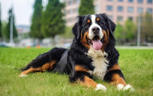 Bernese Mountain Dog zit op het gras in het park professionele reclame ai gegenereerd