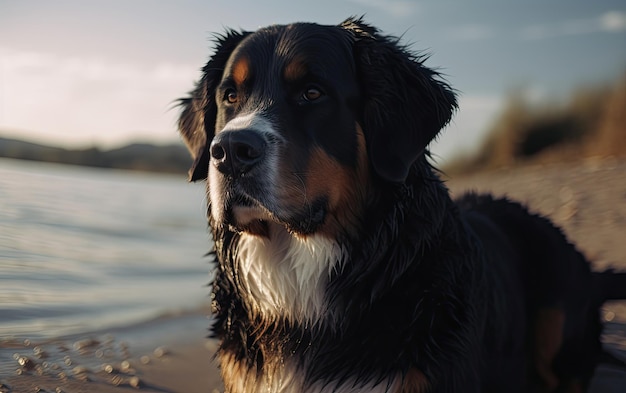 Bernese Mountain Dog zit op het strand professionele reclame ai gegenereerd