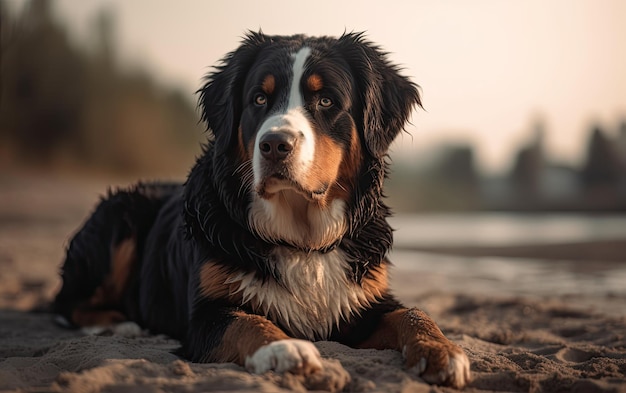 Bernese Mountain Dog zit op het strand professionele reclame ai gegenereerd