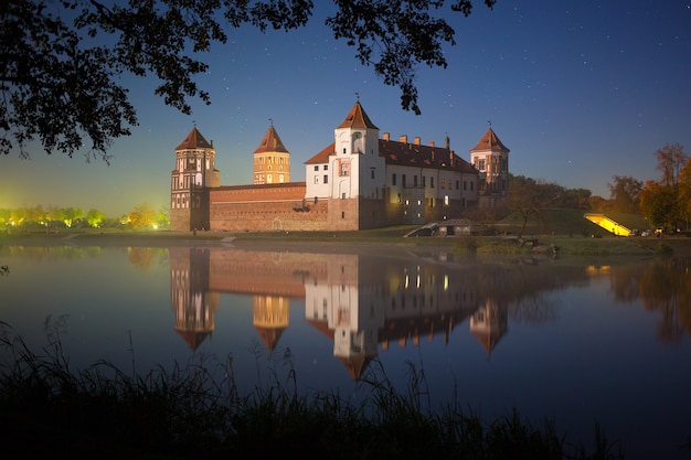 Beroemd Mir-kasteel (Wit-Rusland) in maanlicht