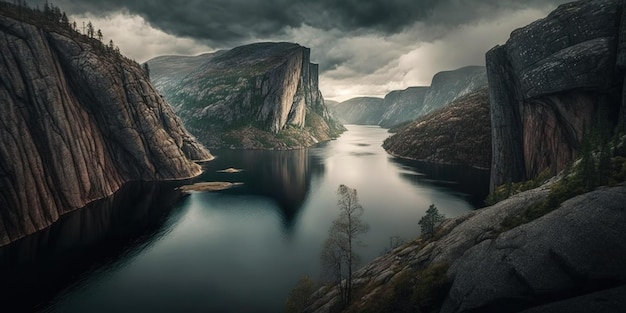 Beroemde Preikestolen-kliffen in Stavanger, Noorwegen naast de rivier onder een bewolkte hemel