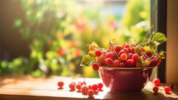 Berries in a ceramic bowl on a wooden table