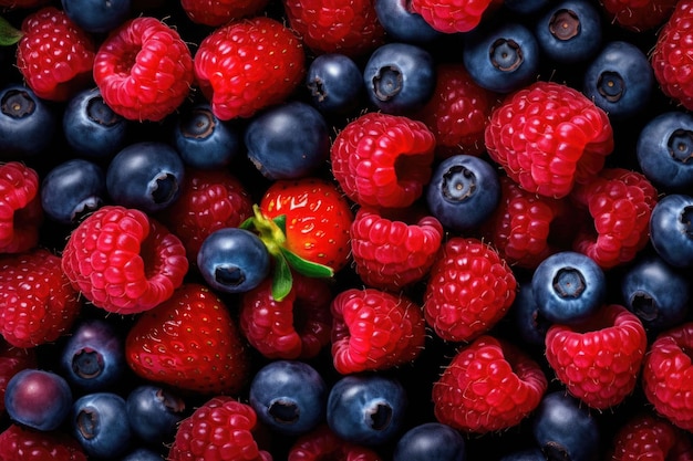 Berries closeup colorful assorted mix of strawberry blueberry raspberry blackberry Generative AI