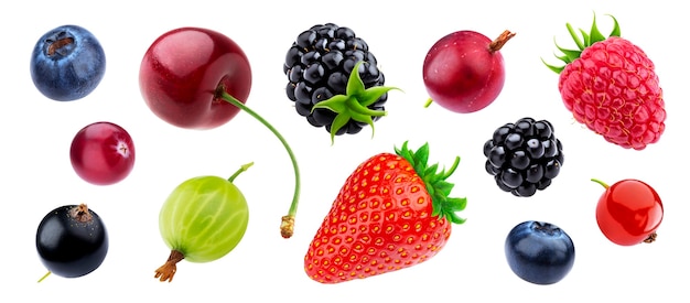 Photo berries collection isolated on white background with clipping path, fresh strawberry and blueberry, ripe cherry, raspberry, gooseberry and blackberry, black and red currants