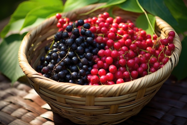 Berries freshly picked in a bamboo basket