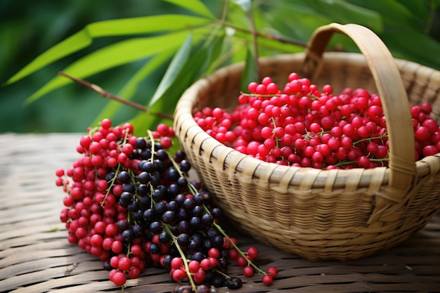 Berries freshly picked in a bamboo basket