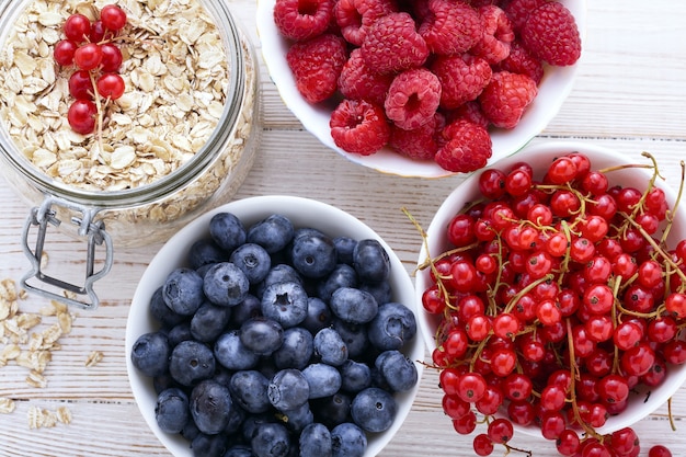 Berries and granola in bowi top view.