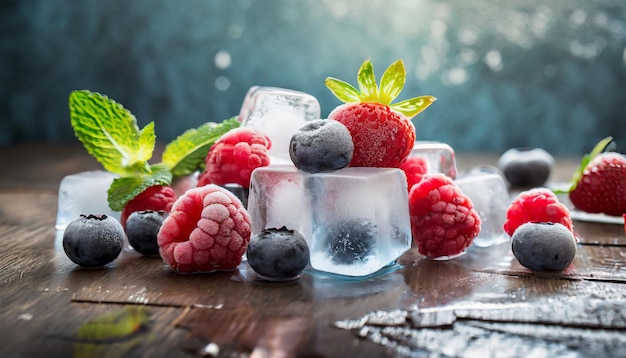 Photo berries and ice cubes on wooden table fresh organic food