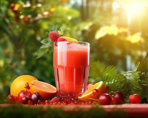 Berries Juice with garden background