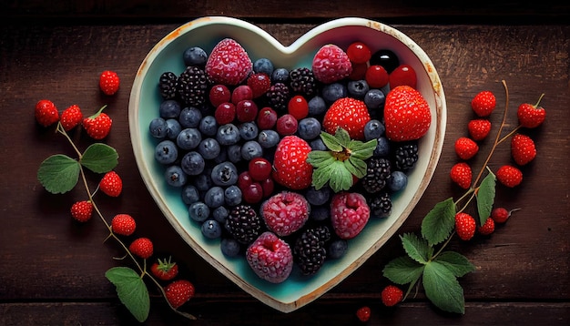 Berries mix close up assorted forest fruit arrangement in heart shaped ceramic plate