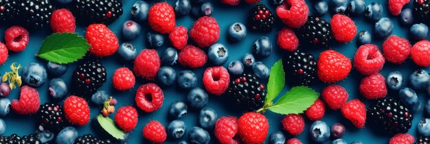 Berries raspberries blueberries raspberries and raspberries on blue background Generative AI