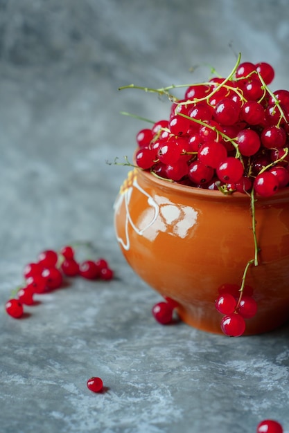 Berries of red currant in a clay pot