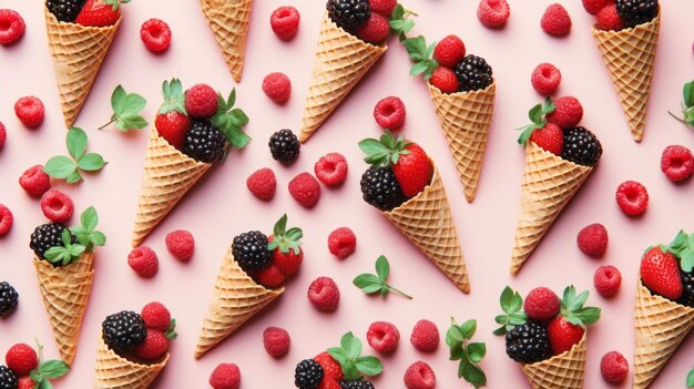 Berries in waffle cones on a wavy background