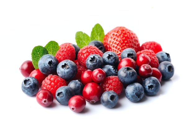 Berries with mint isolated on white backgrounds. Strawberry, bilberry, cranberry, raspberry.