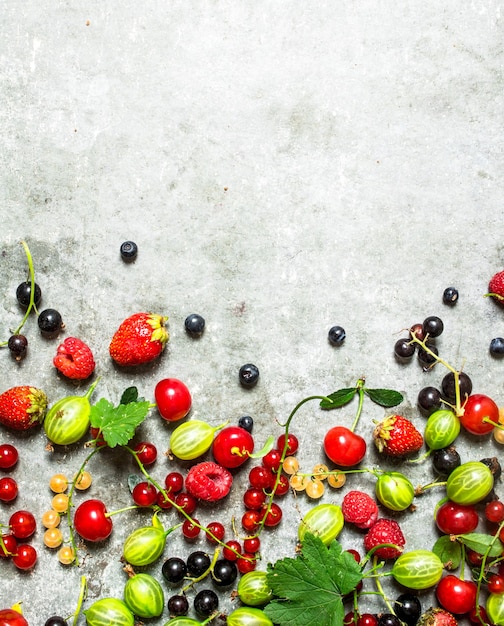 Berries with mint leaves on a stone background.