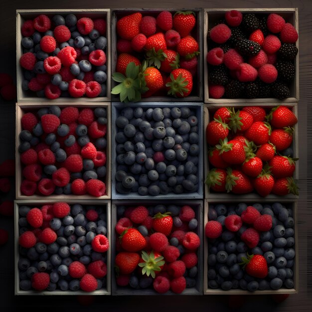 Berries in a wooden box on a dark background top view