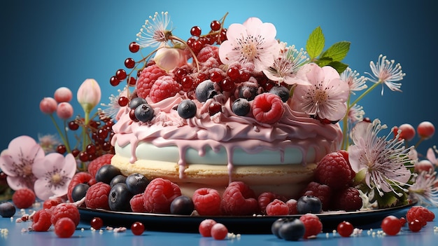 Berry Bliss Cake Design on a Pastel Blue Background with an Abundance of Berries