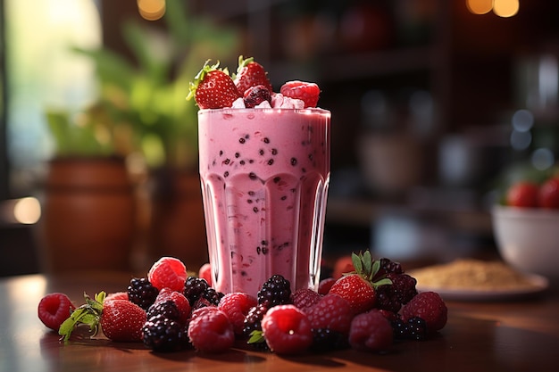 Berry Burst Smoothie op tafel met keukenachtergrond fotorealistische 4K-resolutie AI gegenereerd
