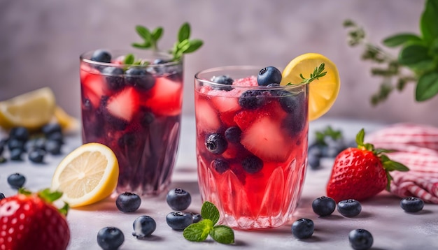 Berry drink with crushed ice and thyme Strawberry and blueberry lemonade